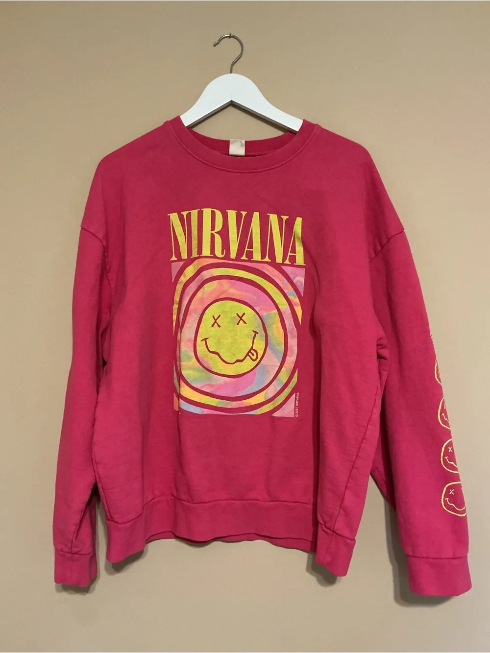 Urban Outfitters Pink Nirvana Graphic Crewneck with Yellow Print
